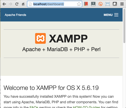 В вашем веб-браузере перейдите к   HTTP: // локальный   ,  Вы должны увидеть стартовую страницу XAMPP: